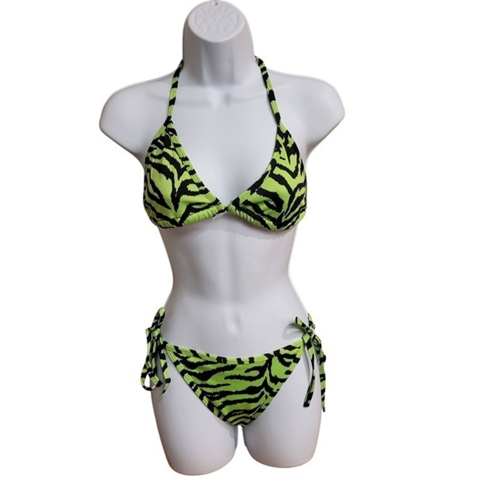 Neon Green Black Zebra Print Triangle Side Tie Halter Bikini Set Swimsuit